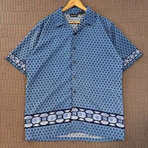 Vtg Y2K ODO Shirt Mens Large Blue Button Up Geometric Hawaiian AOP Surfer Skater